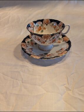 2/40$ Vintage Navy and Gold Floral Porcelain Teacup with Saucer